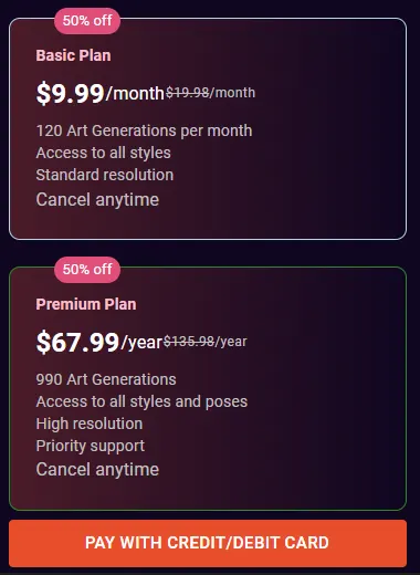 nsfwartgenerator.ai Pricing